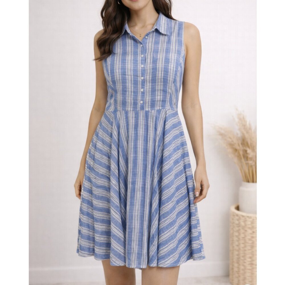 Fashion On Earth Size M Blue White Striped Sleeveless Fit Flare Dress
